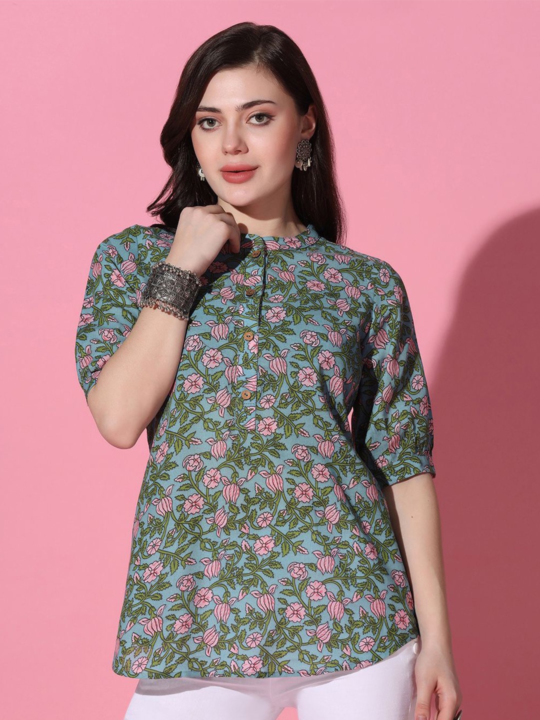 

Moda Rapido Women Mandarin Collar Floral Printed Cotton Casual Shirt, Blue