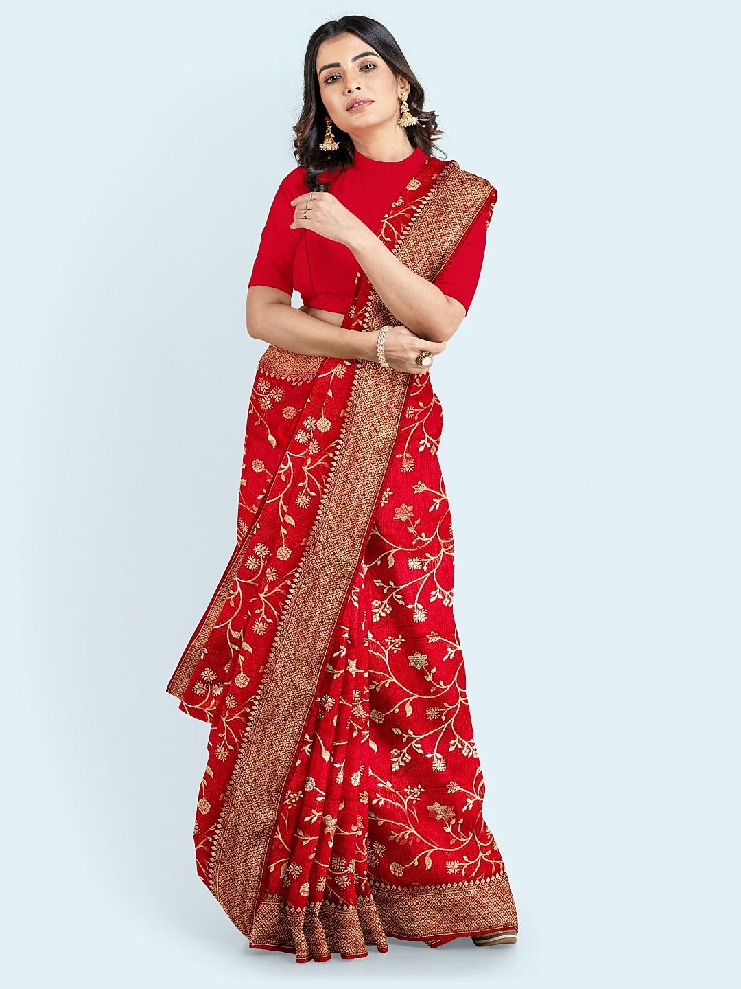 

Meena Bazaar Floral Woven Design Zari Saree, Red