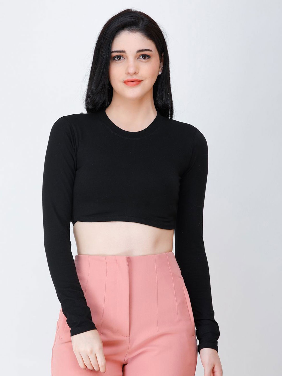 

BAESD Women Round Neck Fitted Crop Top, Black