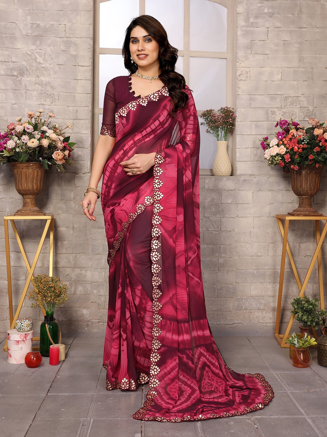 

The Textile Hub Tie and Dye Mirror Work Pure Georgette Saree, Maroon