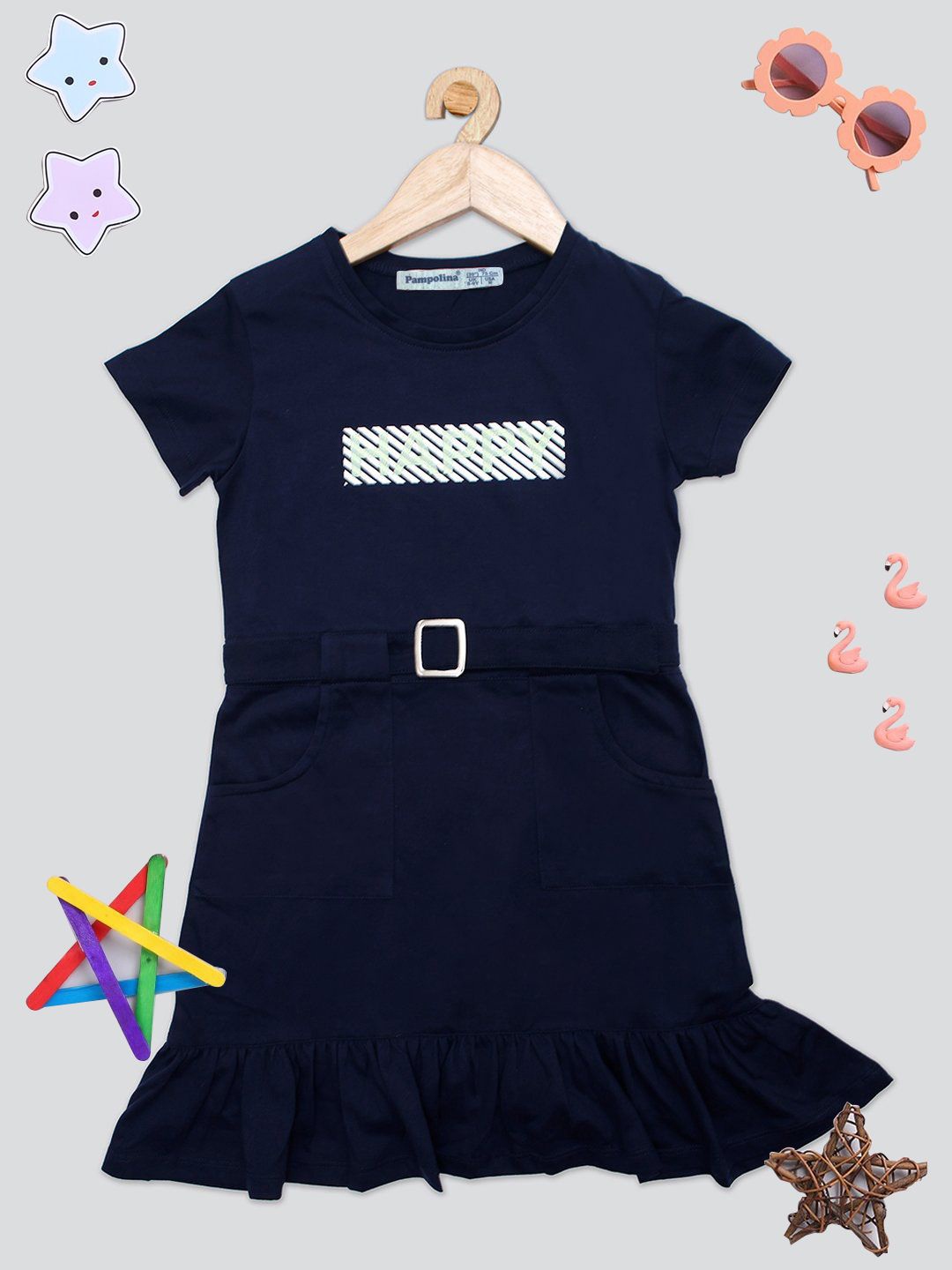 

PAMPOLINA Girls Round Neck Cotton Dress, Navy blue