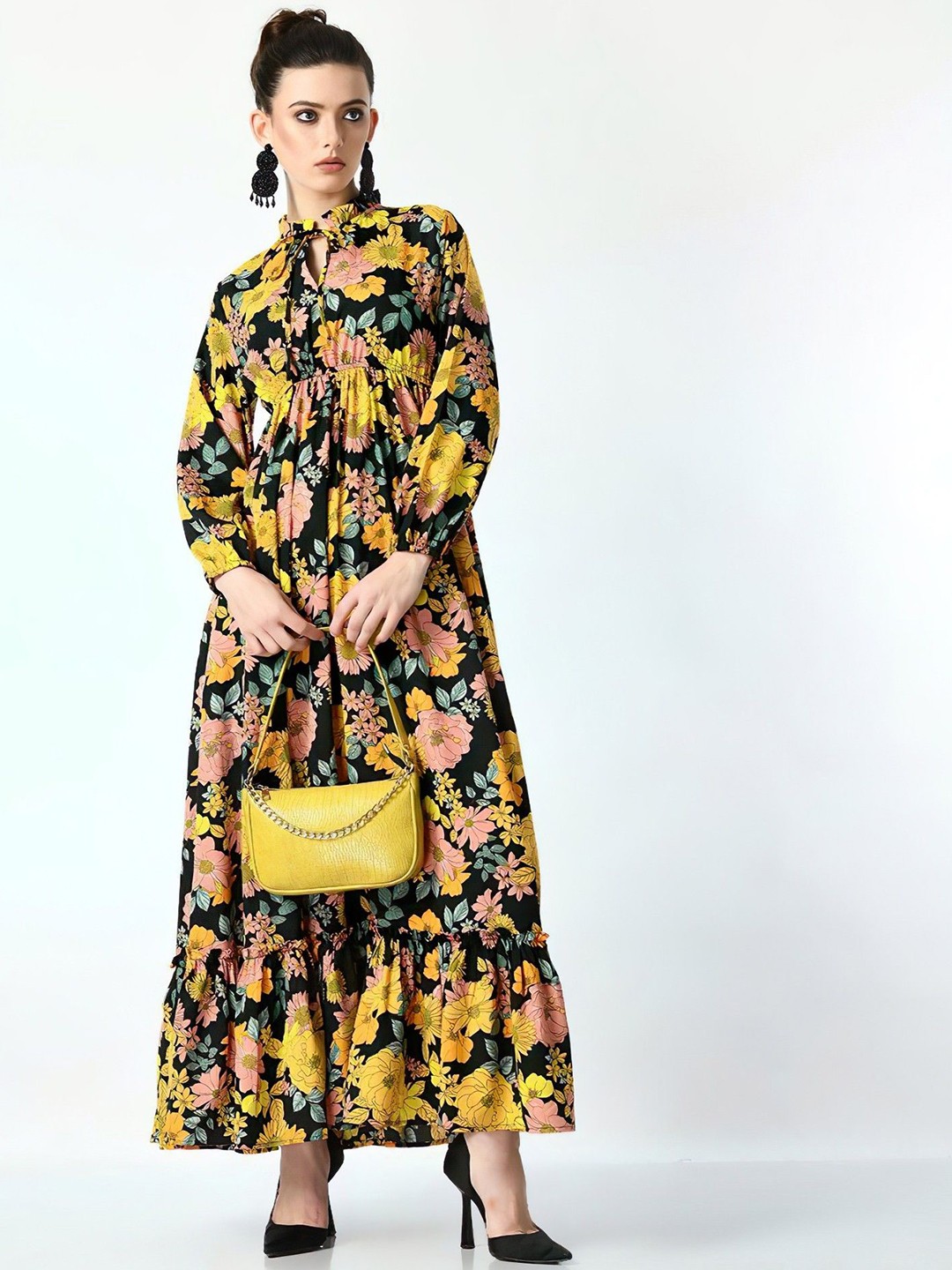 

Femvy Women Floral Printed Tie-Up Neck Fit & Flare Maxi Dress, Yellow