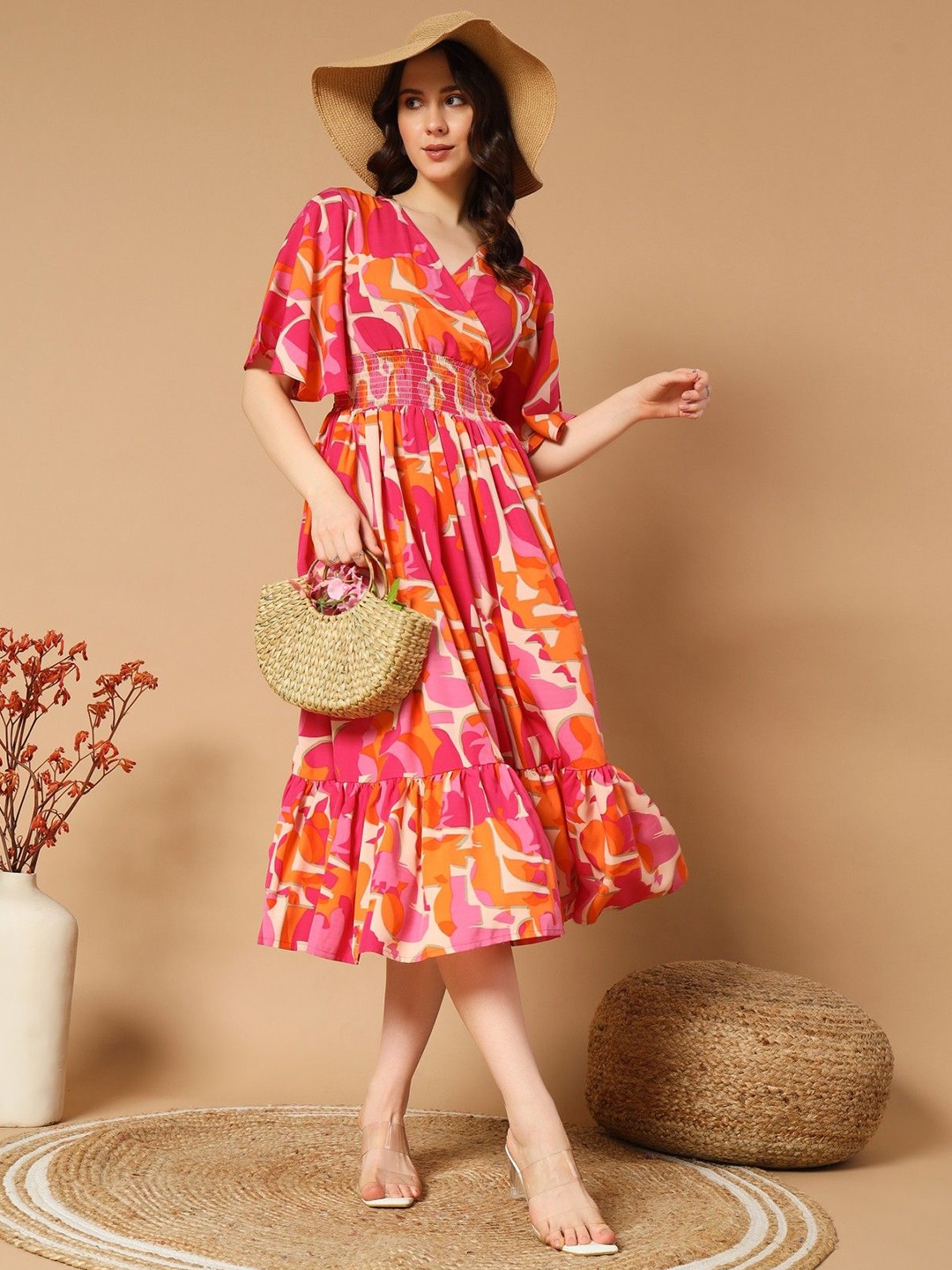 

Femvy Women Floral Printed Flared Sleeves Fit & Flare Midi Dress, Orange