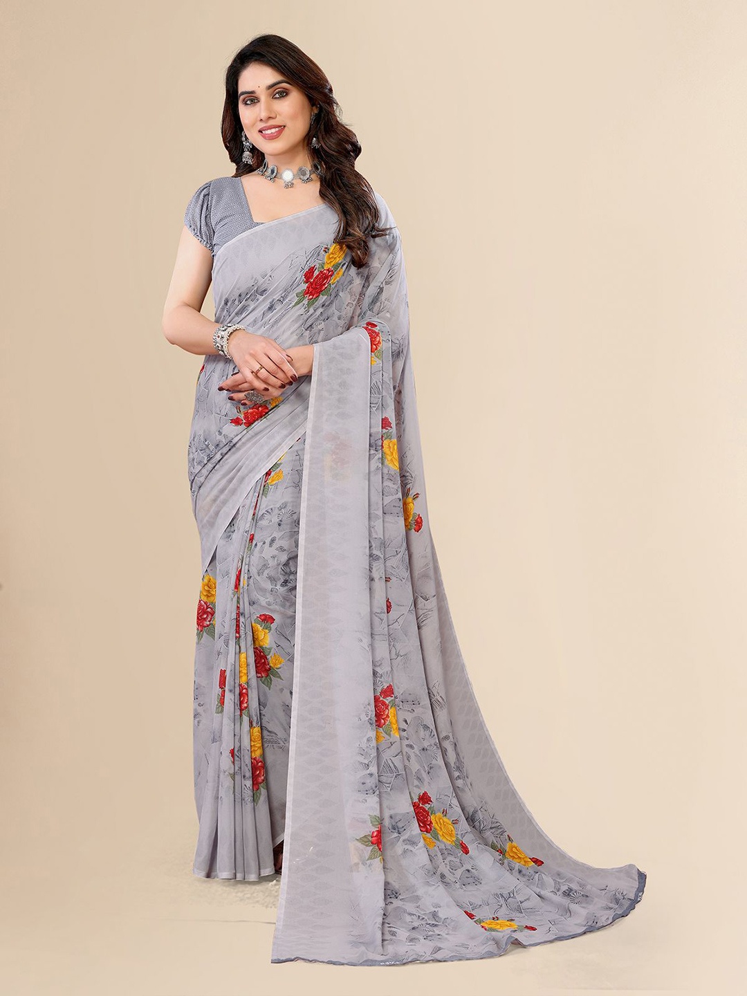 

Moda Rapido Floral Printed Saree, Grey