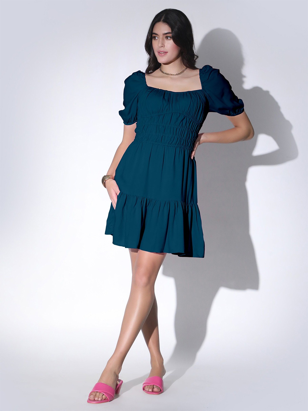 

Femvy Women Square Neck Fit & Flare Dress, Blue