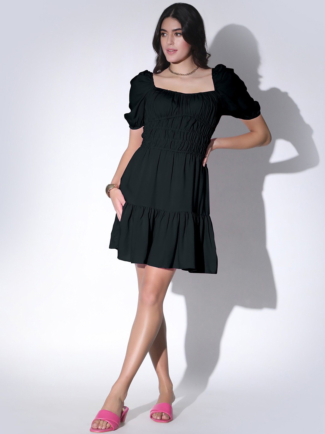 

Femvy Women Square Neck Tiered Fit & Flare Dress, Black
