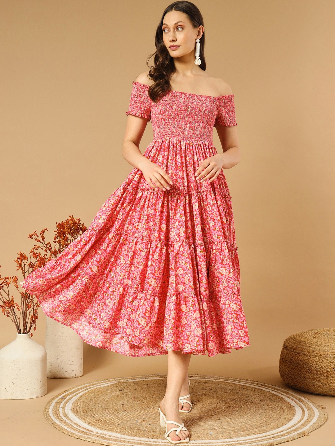 

Krunal Raiyani Women Floral Printed Off-Shoulder Smoked Tired Fit & Flare Midi Dress, Peach