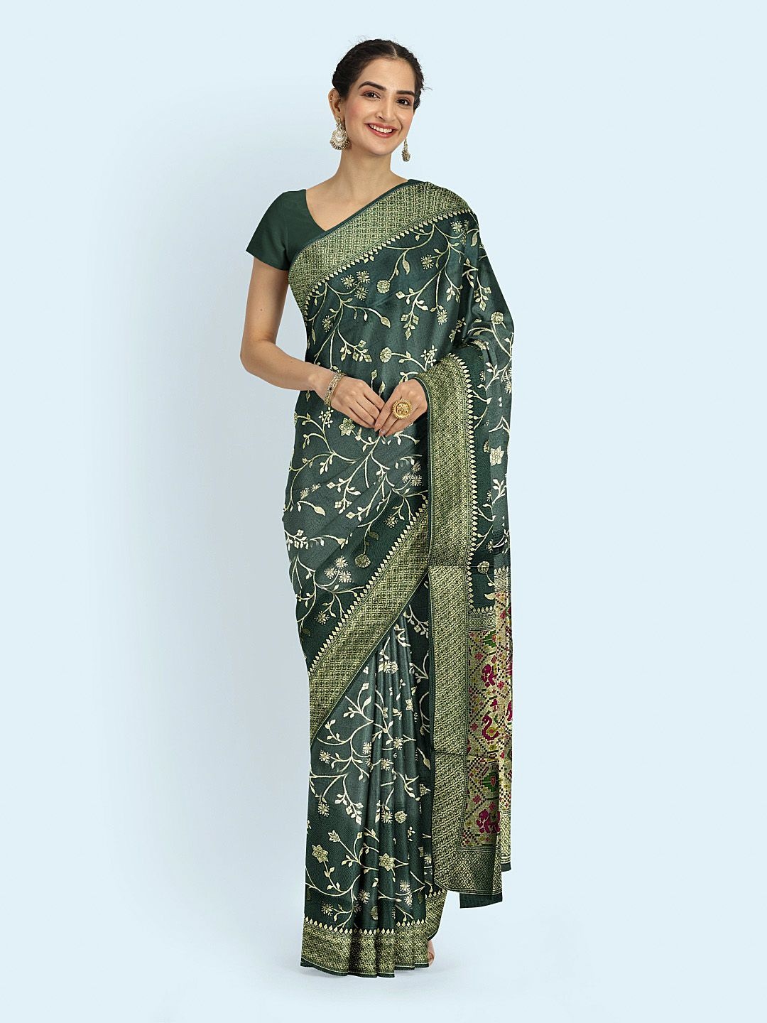 

Meena Bazaar Woven Design Floral Zari Saree, Green