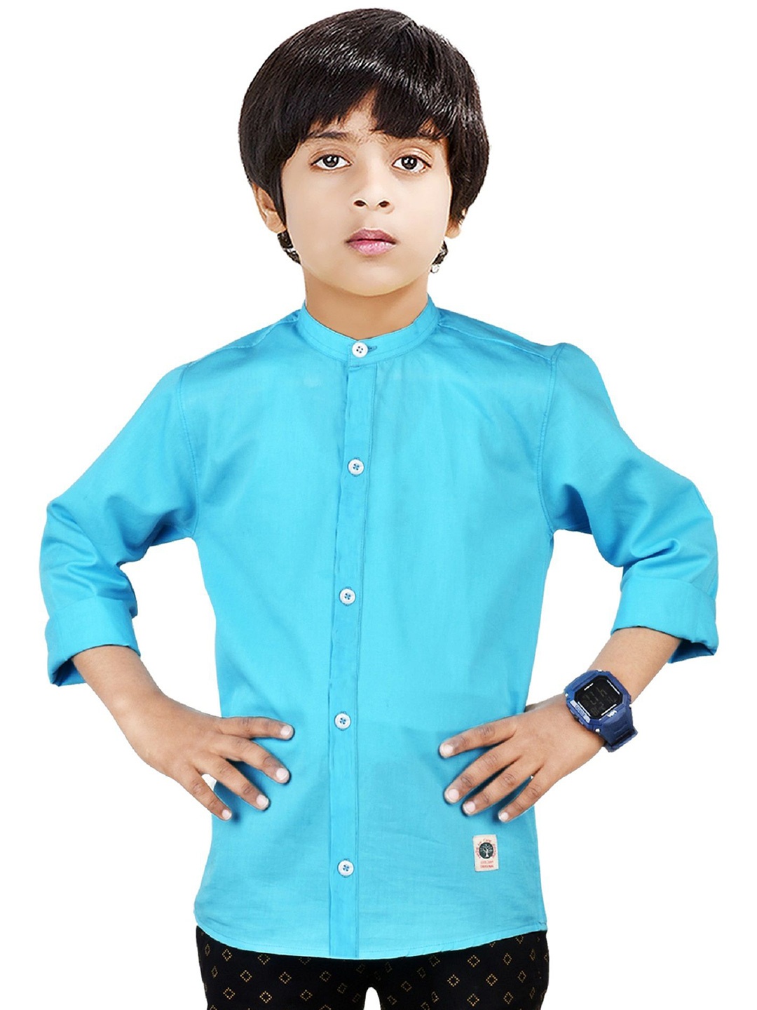 

MADE IN THE SHADE Boys Band Collar Solid Cotton Casual Shirt, Sea green