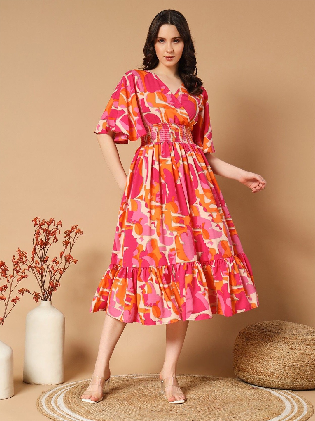 

Krunal Raiyani Women Floral Print Bell Sleeve Fit & Flare Dress, Orange