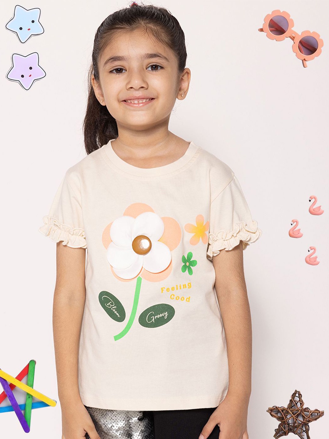 

PAMPOLINA Girls Floral Printed Top, Off white