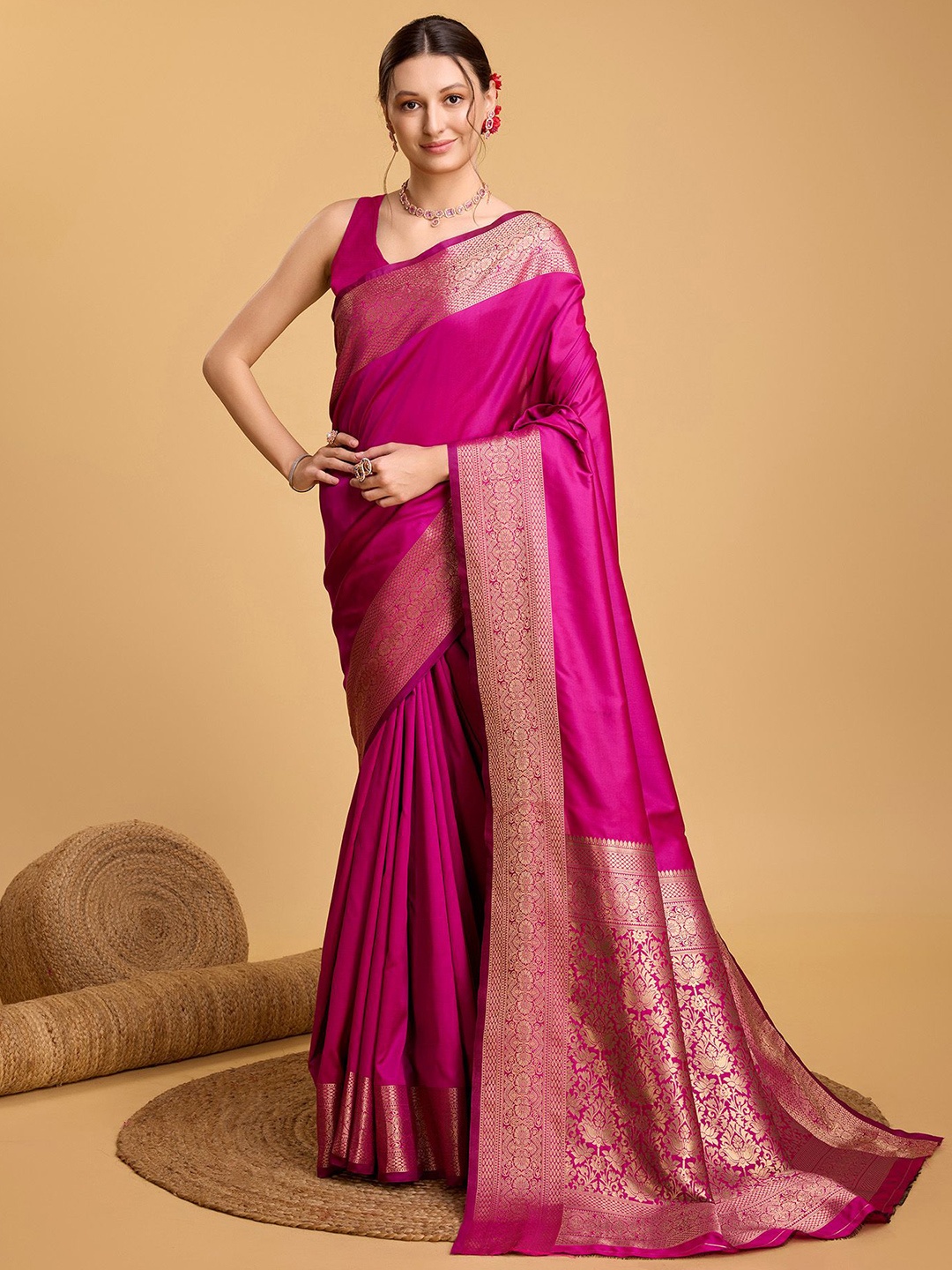 

Munir Zari Silk Blend Banarasi Saree, Pink