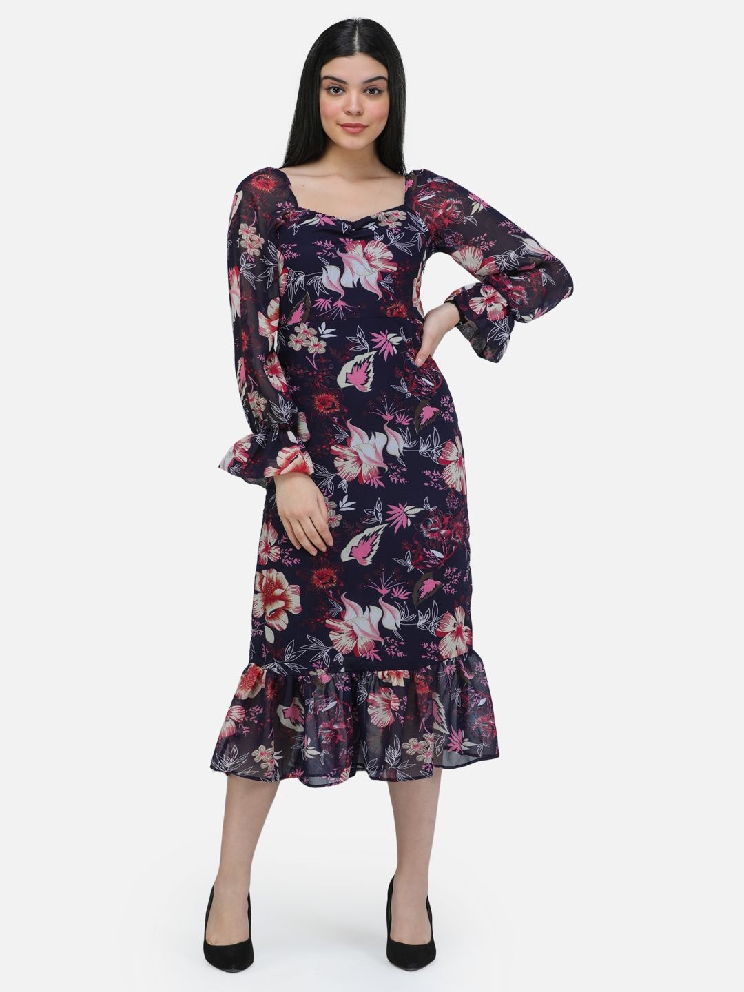 

BAESD Floral Print Bell Sleeve Georgette Sheath Midi Dress, Navy blue