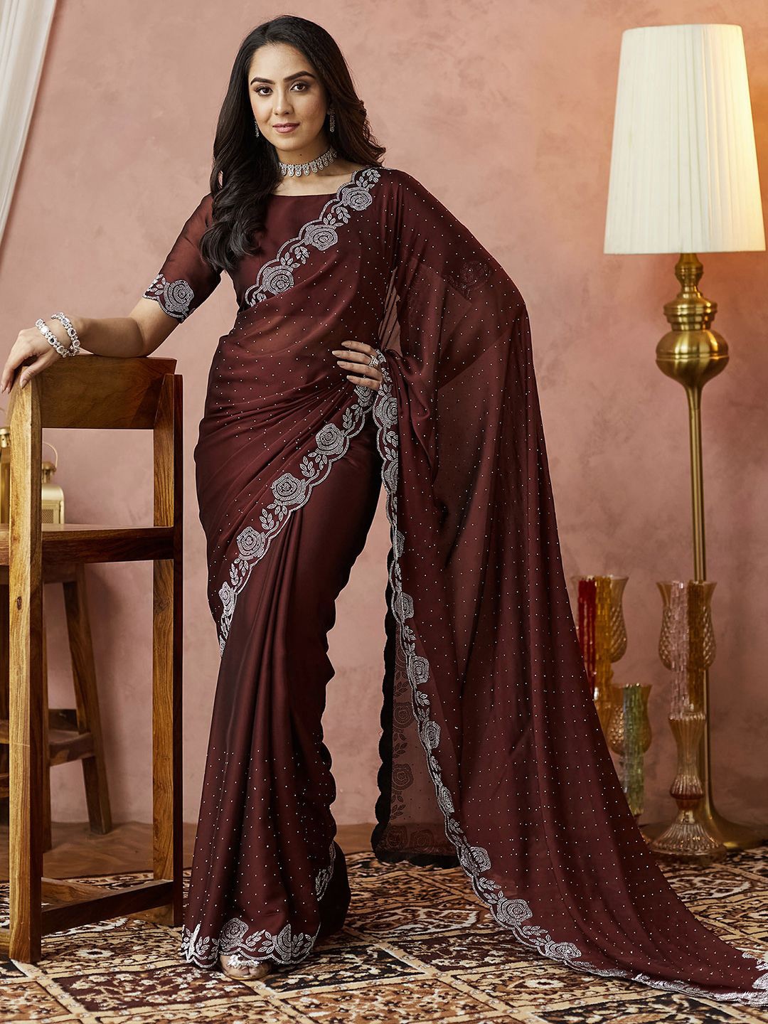 

Satrani Women Embellished Beads and Stones Pure Georgette Saree, Brown