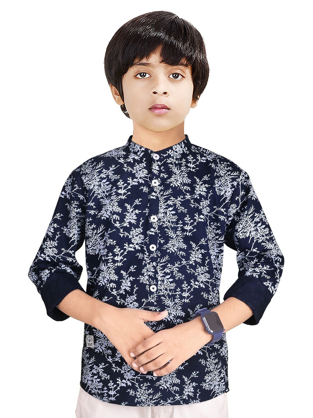 

MADE IN THE SHADE Boys Band Collar Floral Printed Cotton Casual Shirt, Navy blue