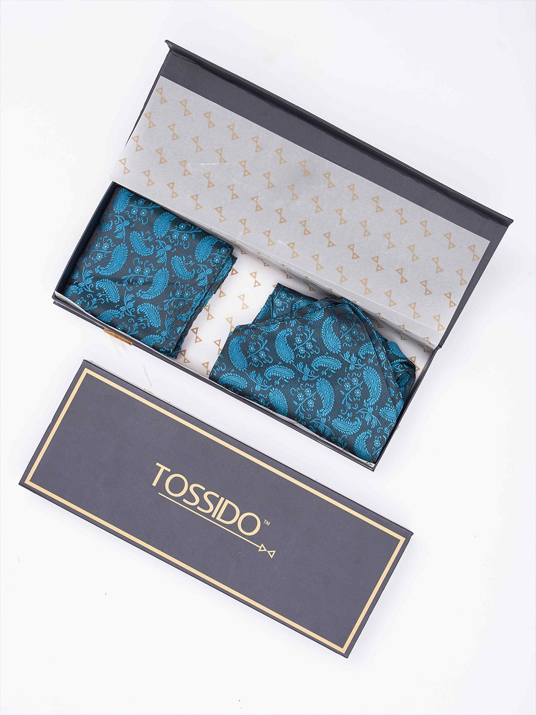 

Tossido Men Woven Design Ascot & Pocket Square Accessory Gift, Blue