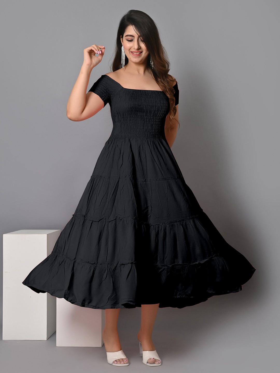 

Krunal Raiyani Off-Shoulder Tiered Fit & Flare Dress, Black