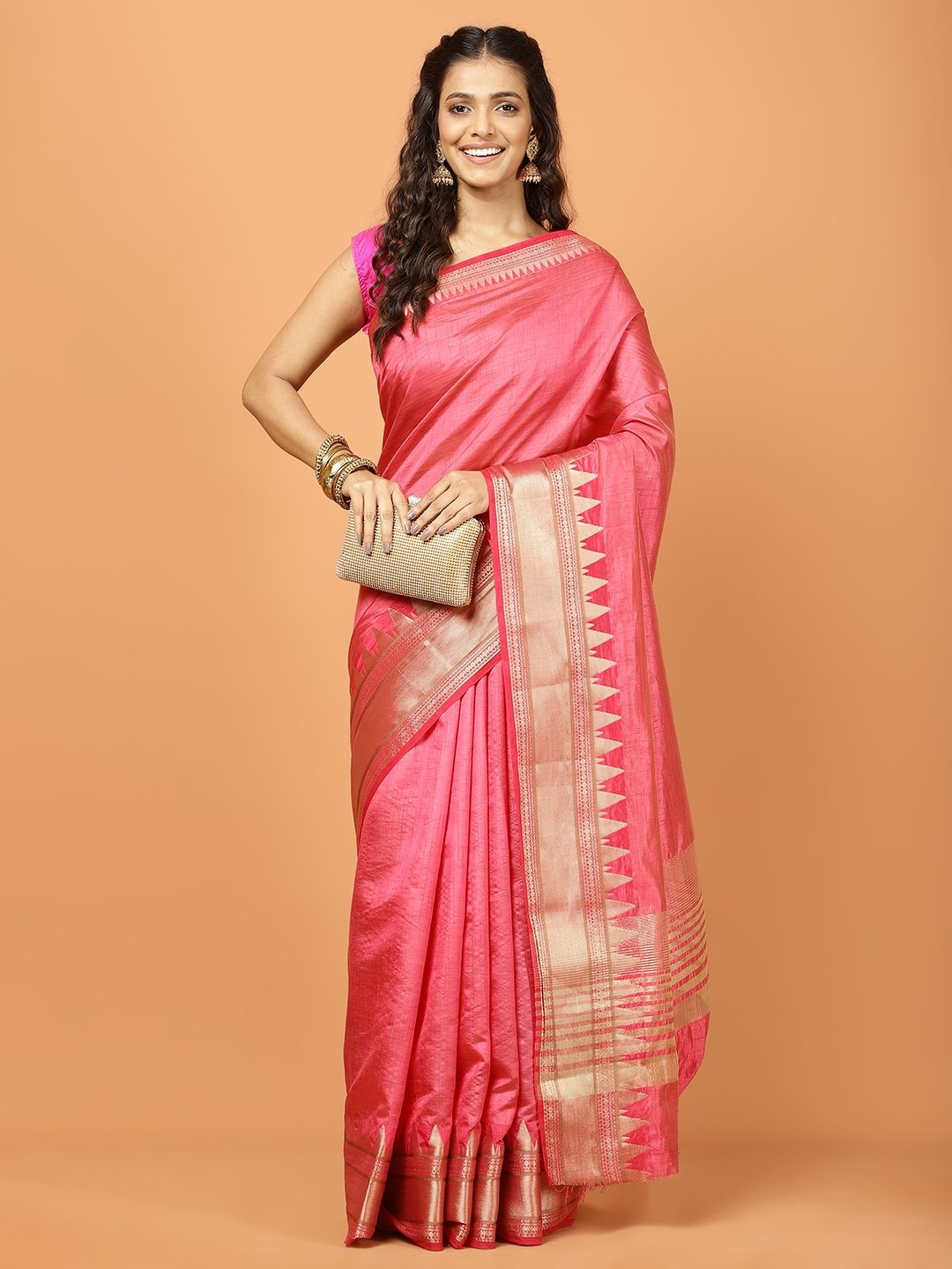 

Meena Bazaar Solid Zari Saree, Pink