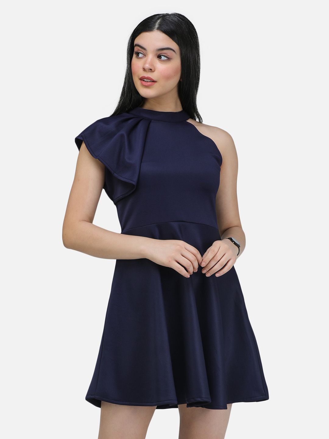 

BAESD Women High Neck Fit & Flare Above Knee Dress, Navy blue