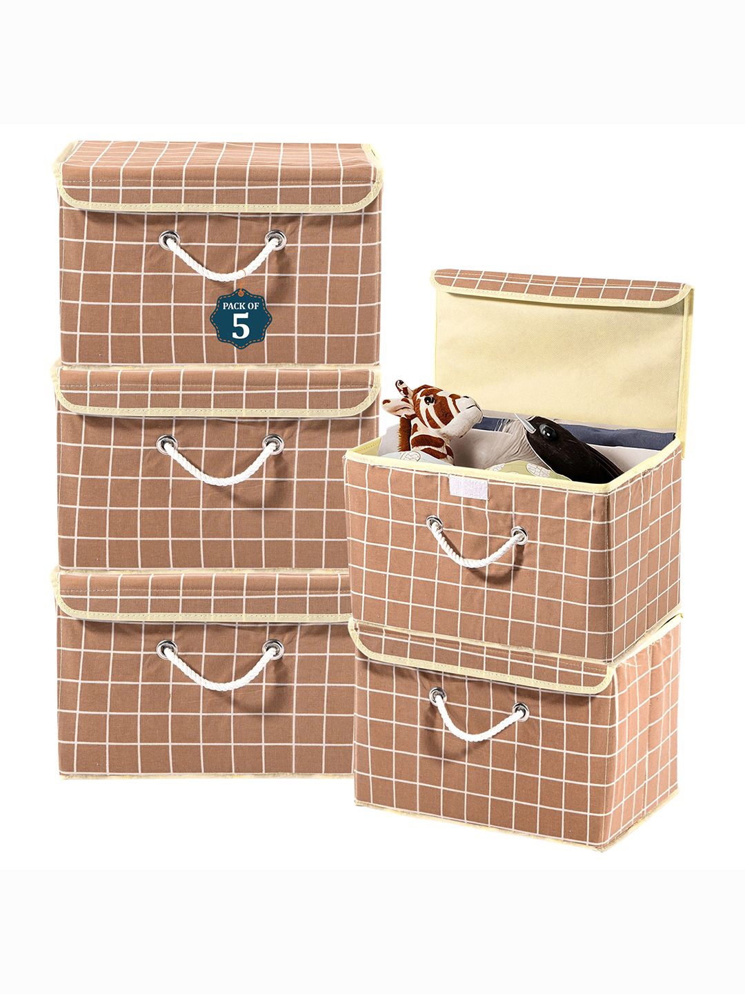

Kuber Industries Brown Set of 5 Checked Cotton Reusable Drawer Organisers