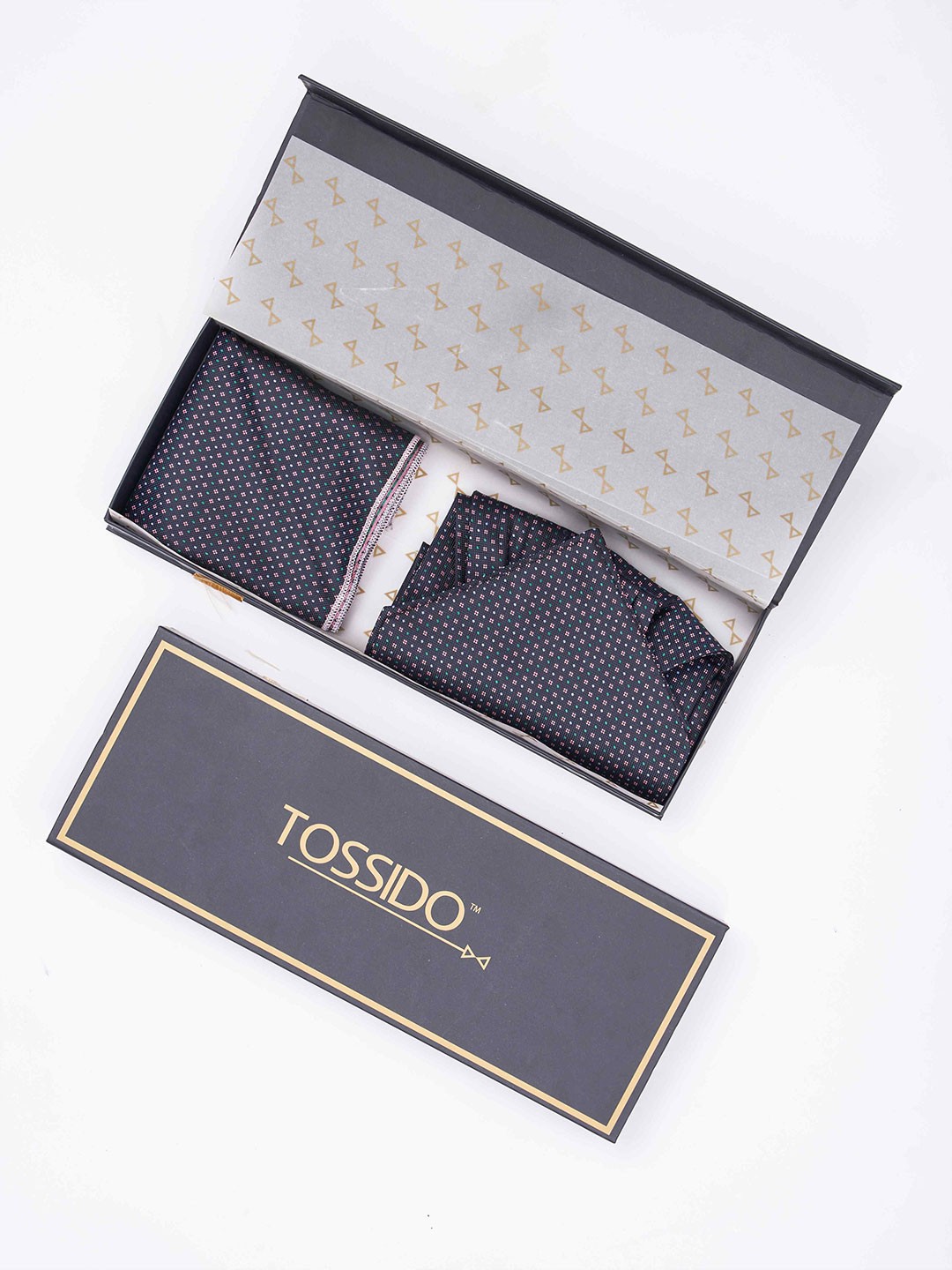 

Tossido Men Woven Design Ascot & Pocket Square Accessory Gift, Navy blue