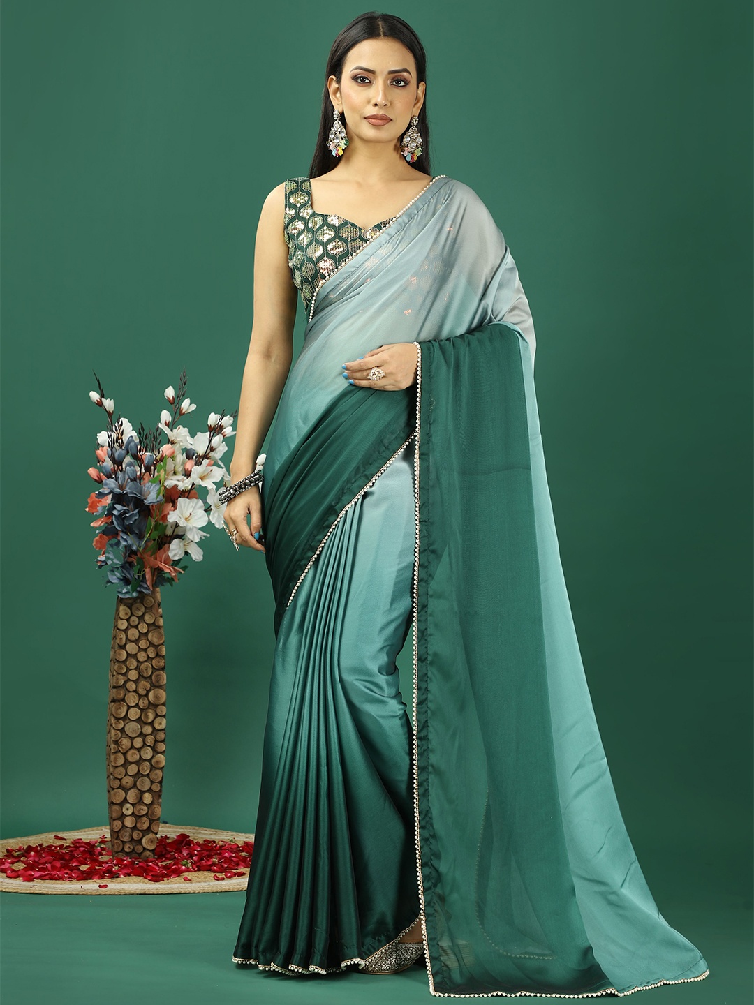 

KAYOMMI Woven Design Satin Banarasi Saree, Sea green