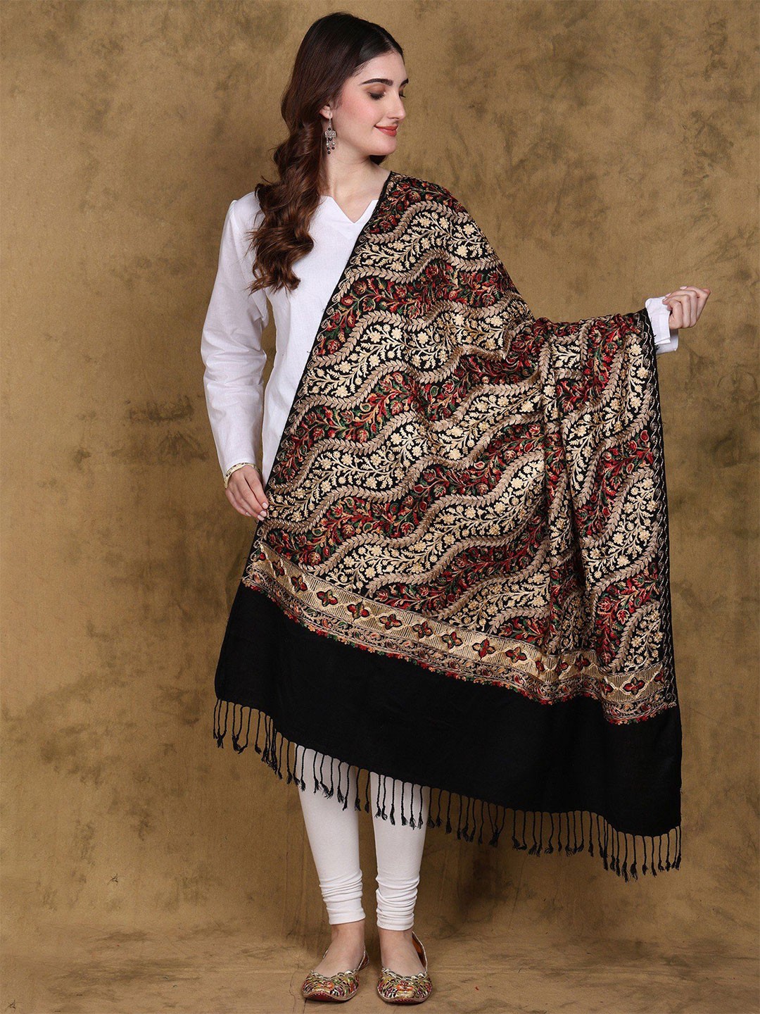 

Exotic India Wool Jet Black Kashmiri Shawl with Aari Embroidered Leaf Vines