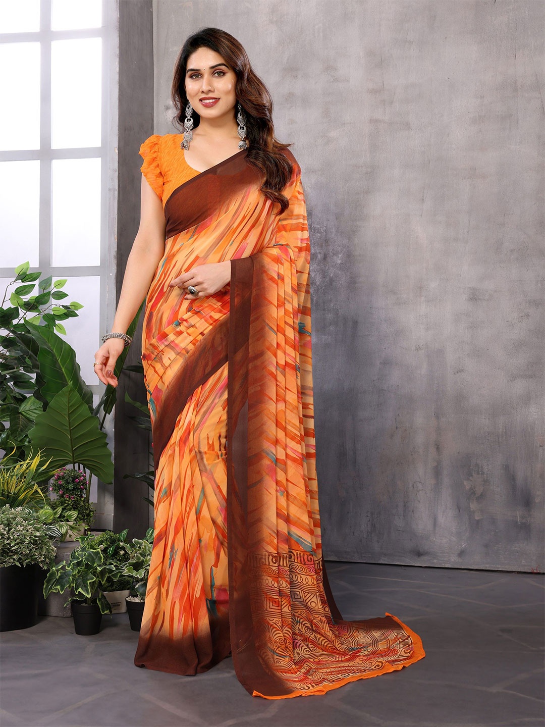 

The Textile Hub Women Pure Georgette Saree, Orange