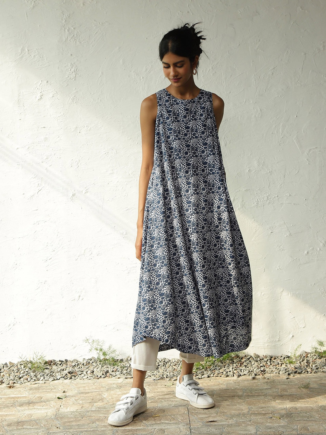 

Canoopi Printed Round Neck Pure Cotton Tunic With Trousers, Blue