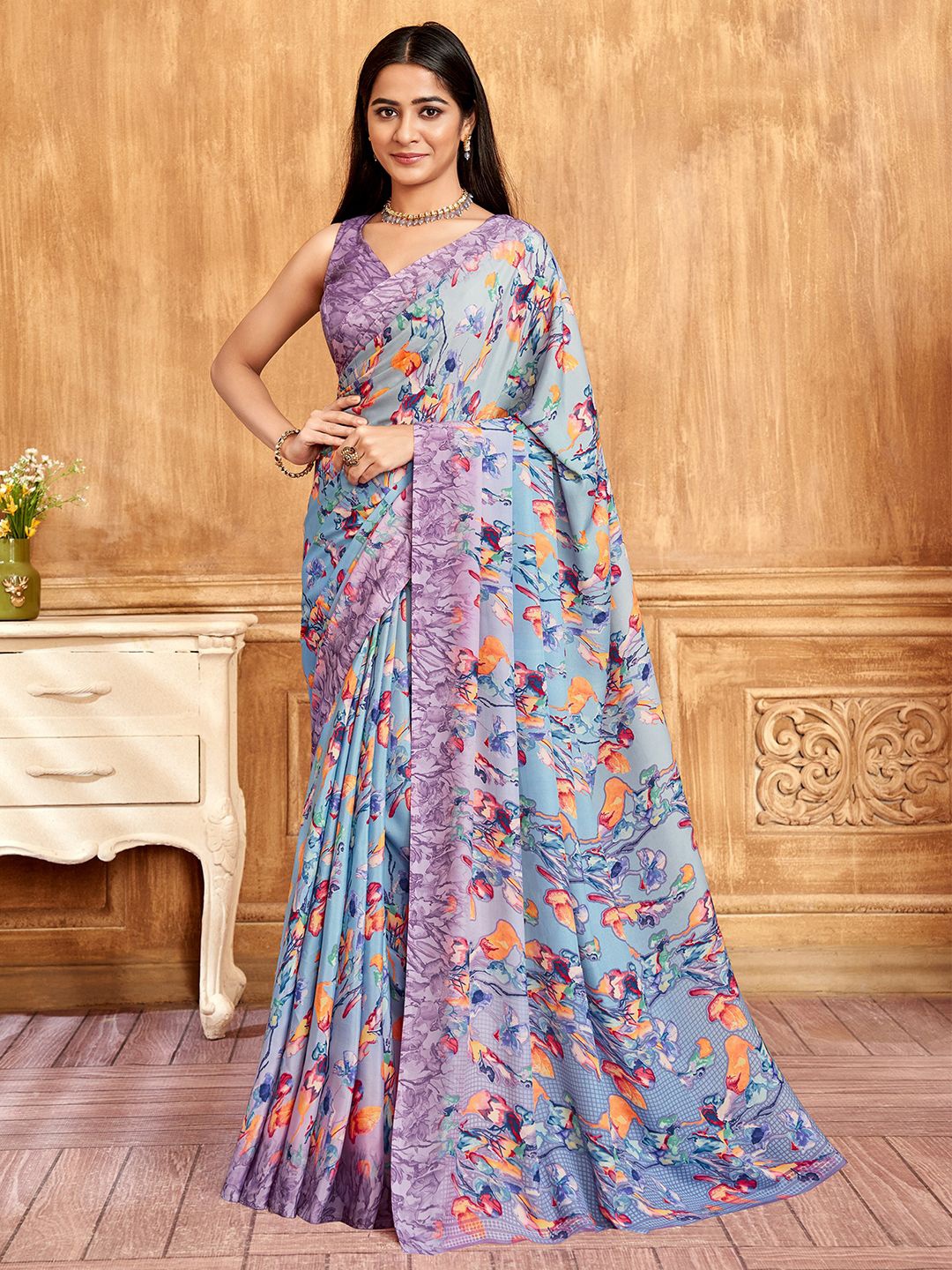 

Panzora Printed Saree With Unstitched Blouse Piece, Blue