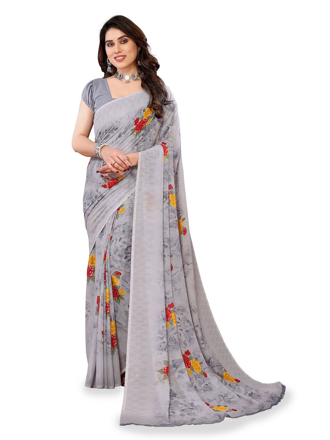 

Moda Rapido Floral Printed Saree, Grey