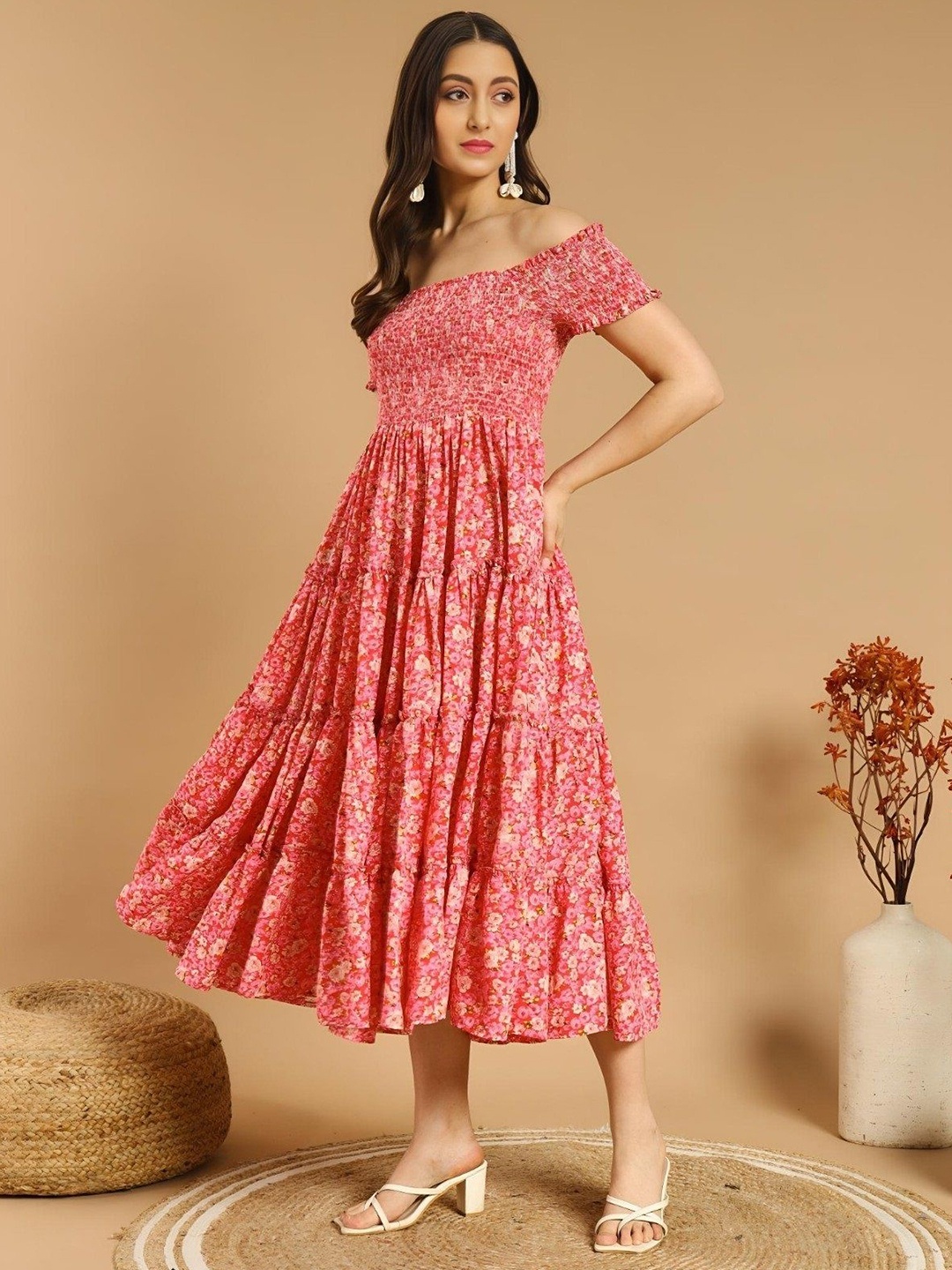 

Raiyani Enterprise Women Print Off-Shoulder Crepe Fit & Flare Maxi Dress, Red