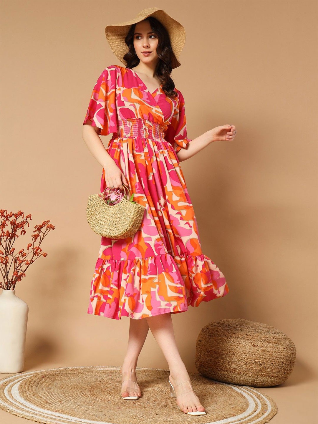 

Raiyani Enterprise Women Printed Bell Sleeve Crepe Wrap Midi Dress, Orange