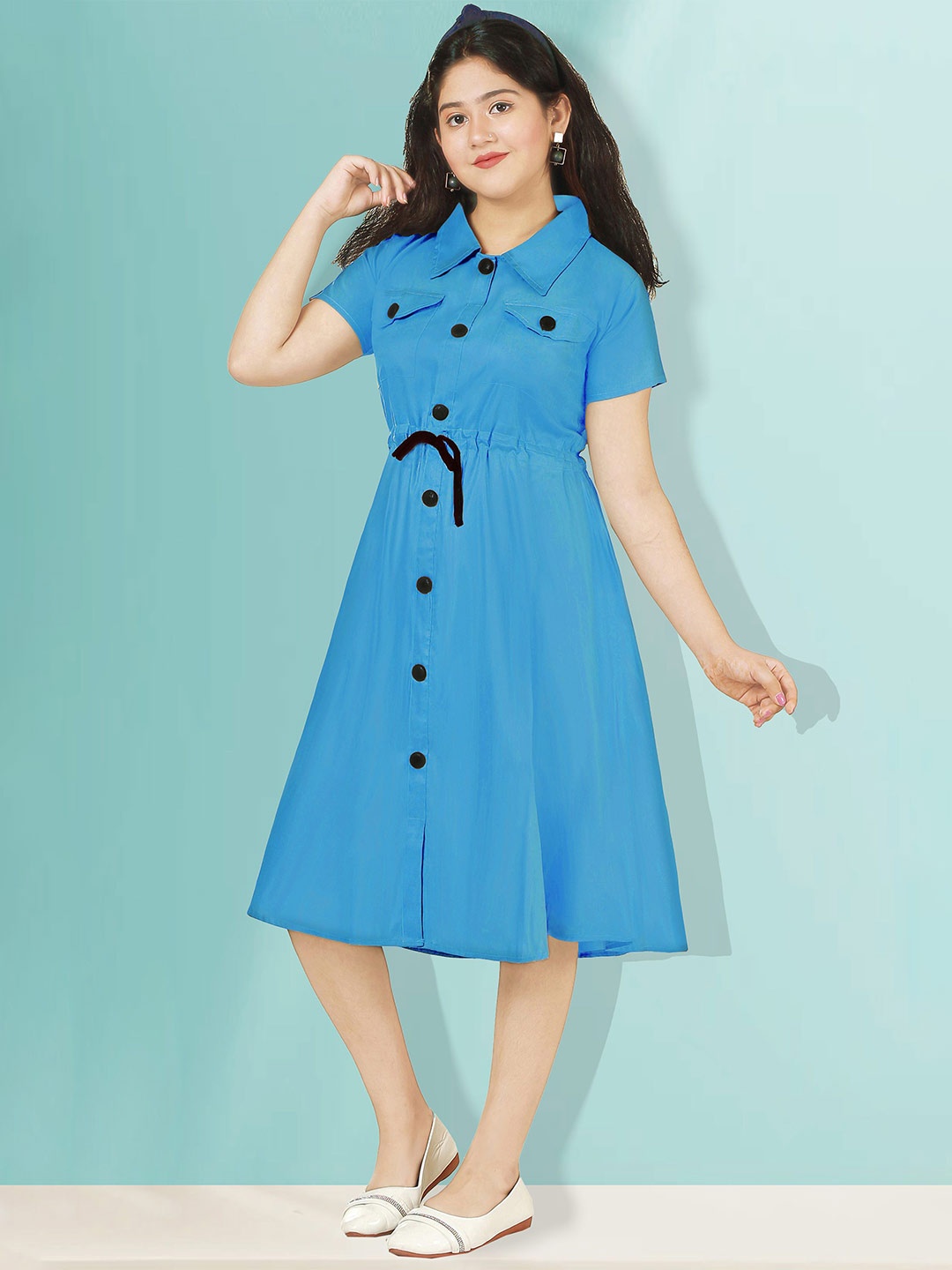 

KAARIGARI Girls Shirt Collar Cotton A-Line Dress, Blue