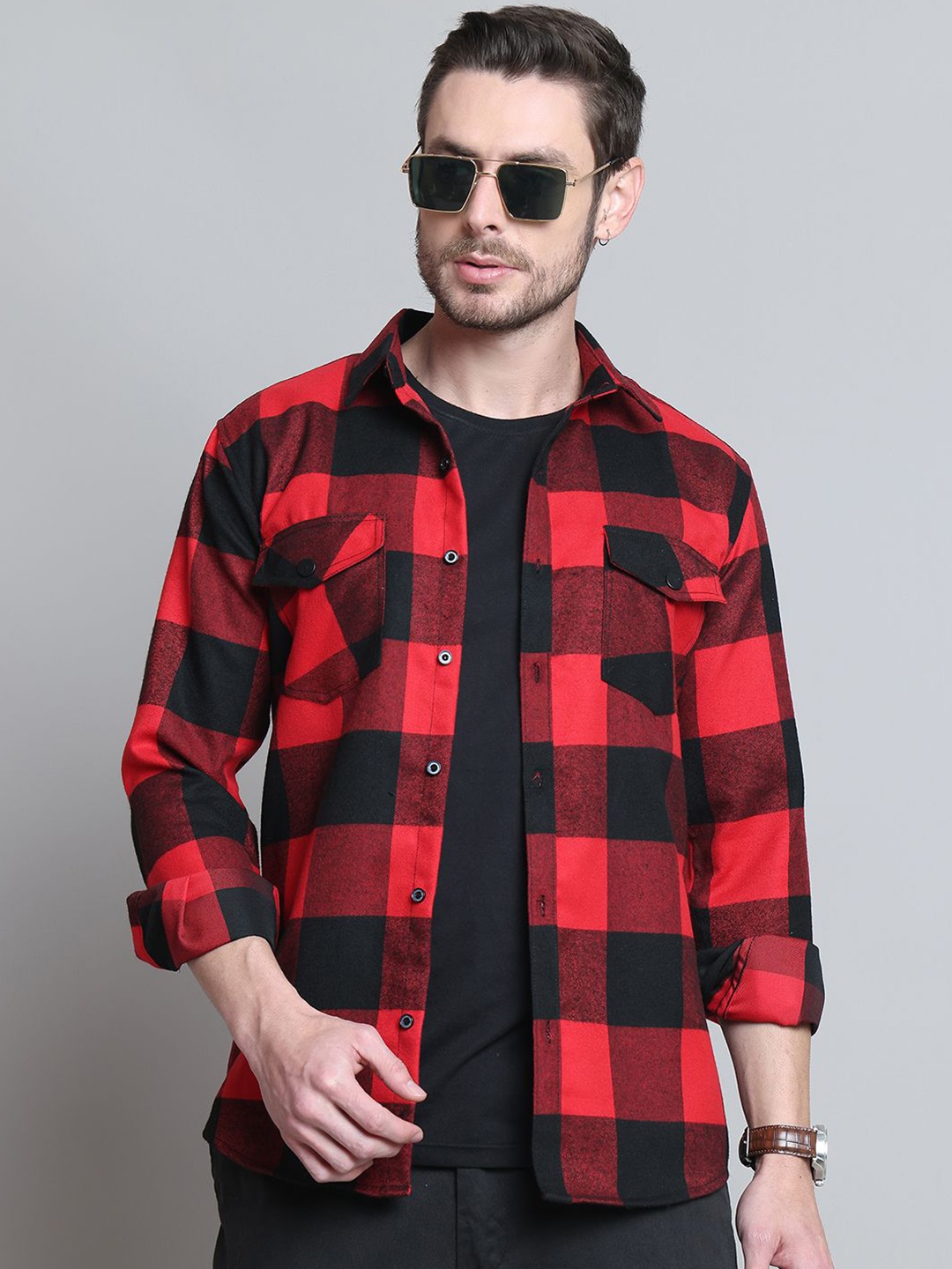 

Majestic Man Modern Spread Collar Buffalo Checked Cotton Casual Shirt, Red