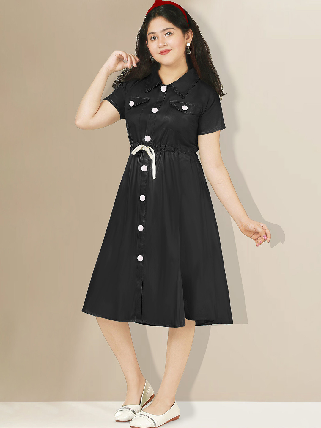 

KAARIGARI Girls Shirt Collar Cotton Shirt Midi Dress, Black
