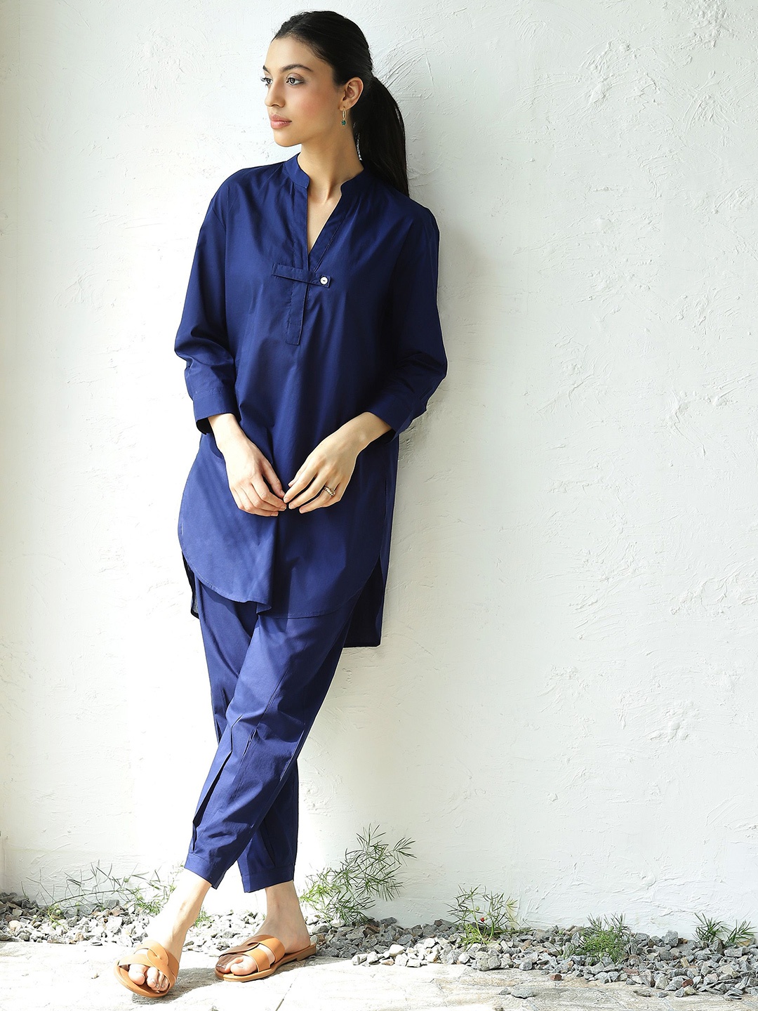 

Canoopi Piazza Mandarin Collar Pure Cotton Tunic With Trousers, Blue