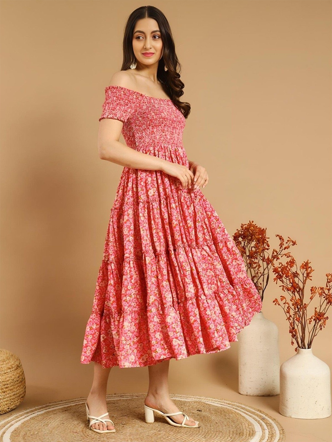 

Krunal Raiyani Women Floral Printed Off-Shoulder Fit & Flare Midi Dress, Peach