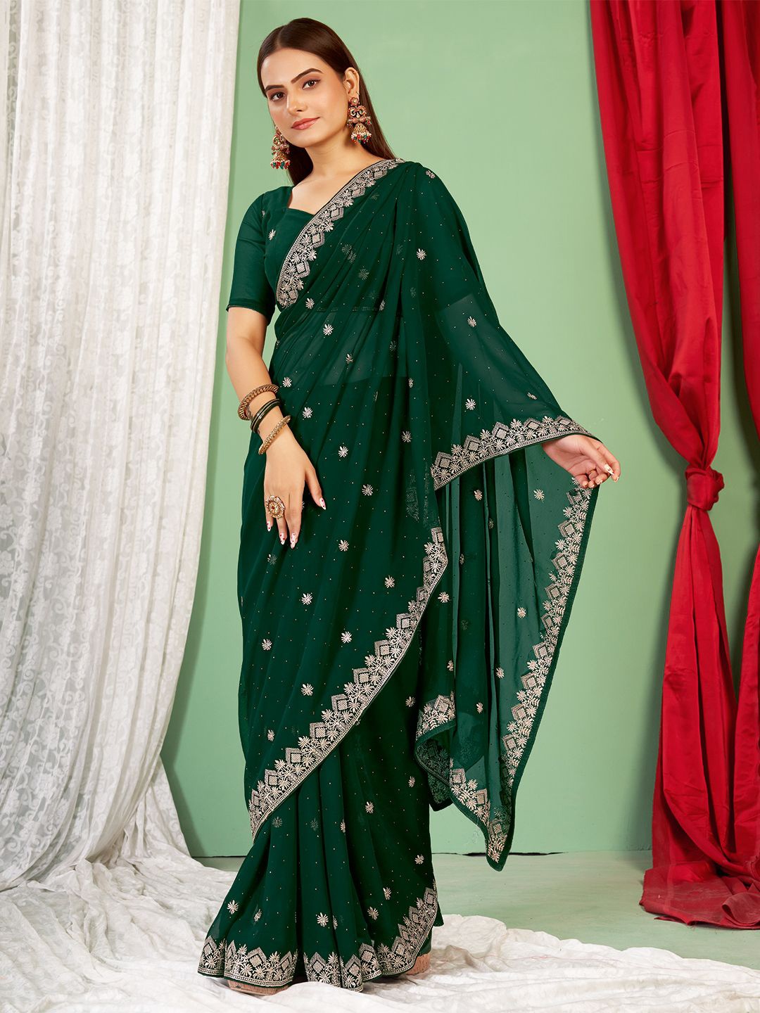 

Mitera Embroidered Embellished Beads and Stones Saree With Blouse Piece, Green
