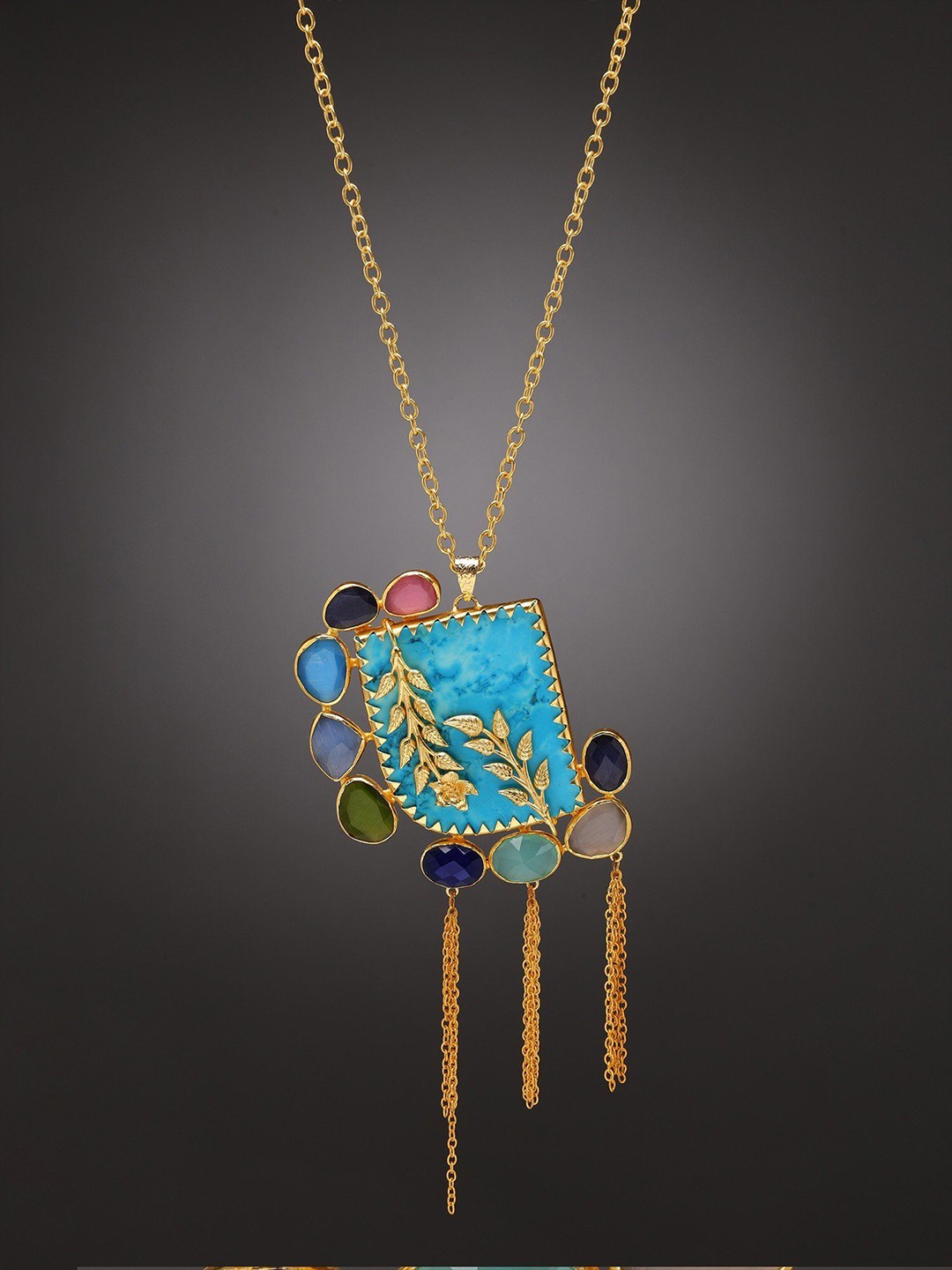 

Exotic India Iron Leaf Vine on Counterfeit Turquoise Necklace with Multicolor Glass Stone, Gold