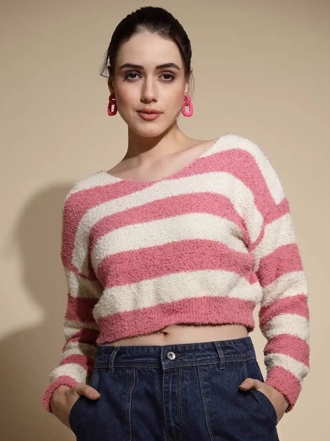 

Global Republic Women Striped Round Neck Pullover, White