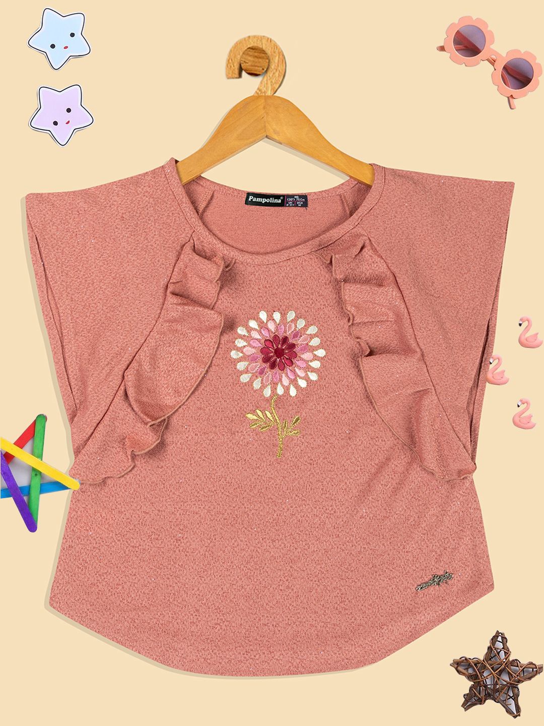 

PAMPOLINA Girls Round Neck Print Top, Peach