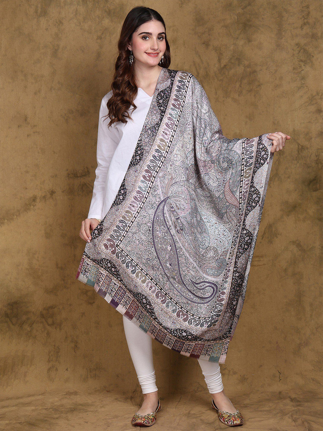 

Exotic India Multicolor Jamawar Stole with Printed Paisleys, Grey