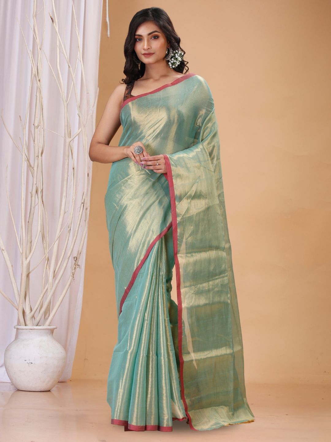 

T.J. SAREES Handloom Tissue Saree, Green