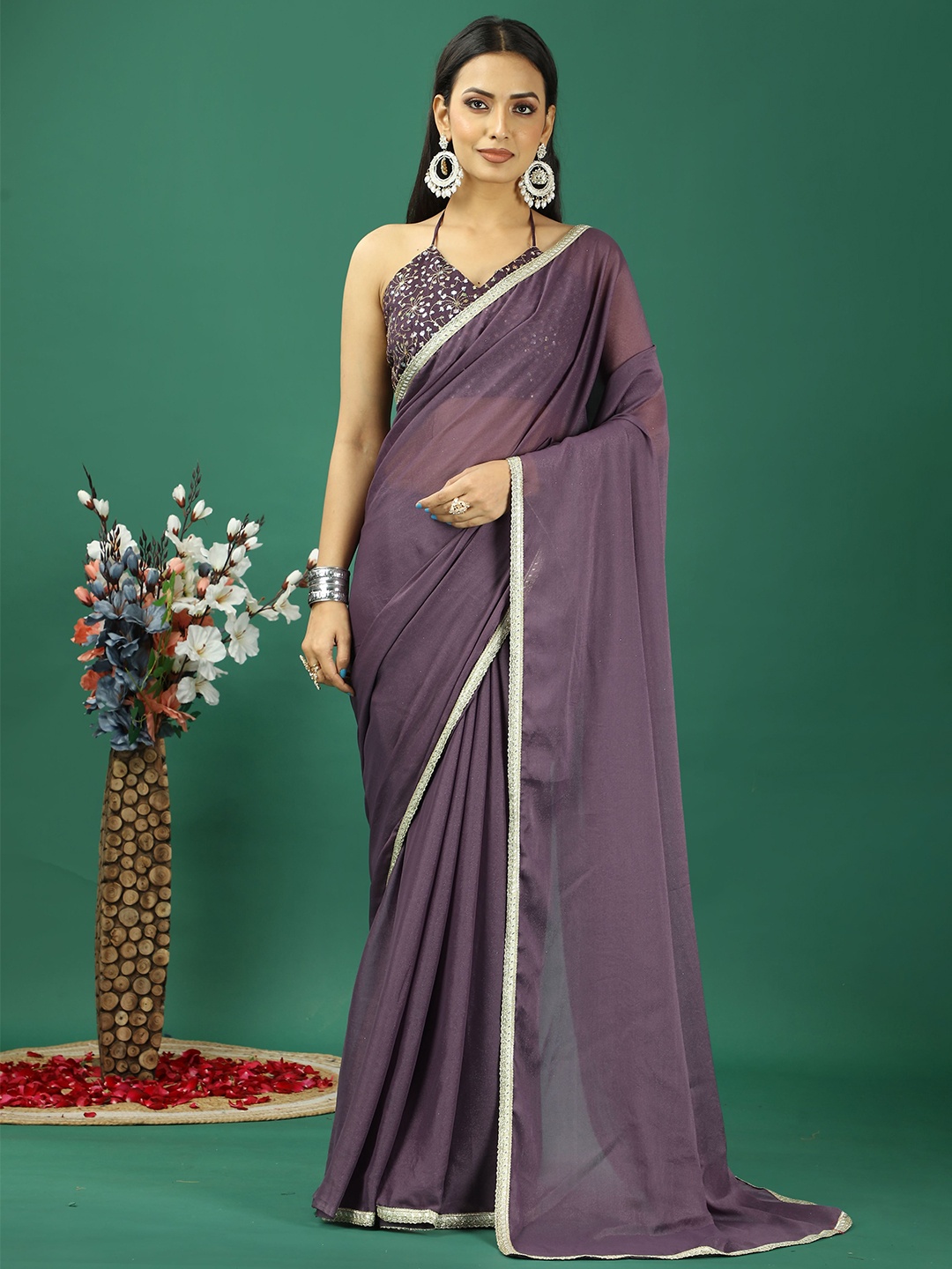 

KAYOMMI Embroidered Satin Saree, Purple