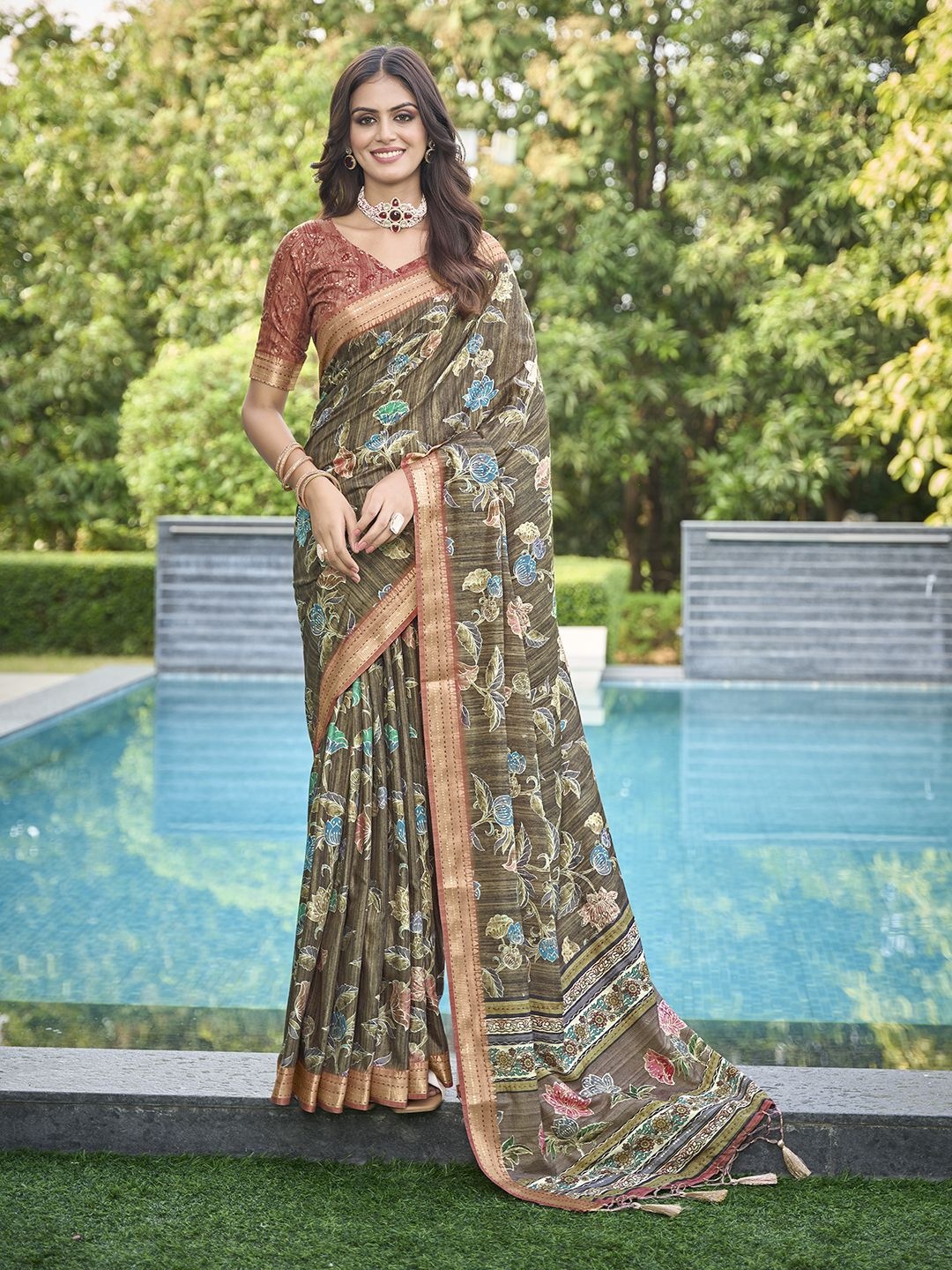 

Mitera Floral Printed Pure Silk Saree, Brown