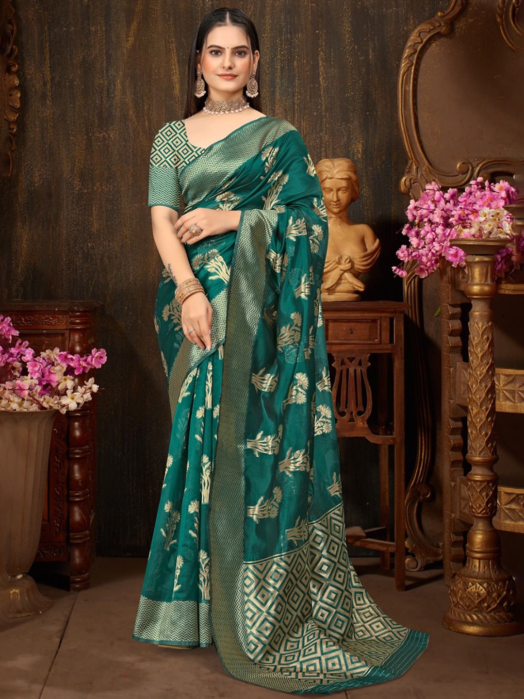 

Aagiri Woven Design Zari Organza Banarasi Saree, Teal