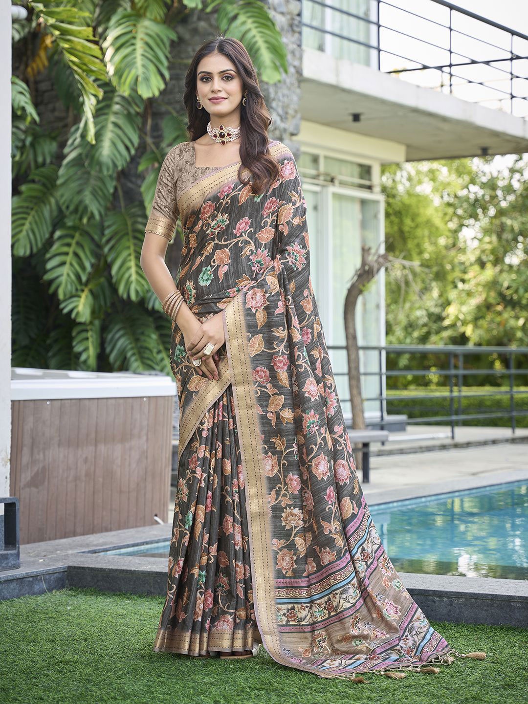 

Mitera Floral Printed Aari Work Pure Silk Designer Saree, Black