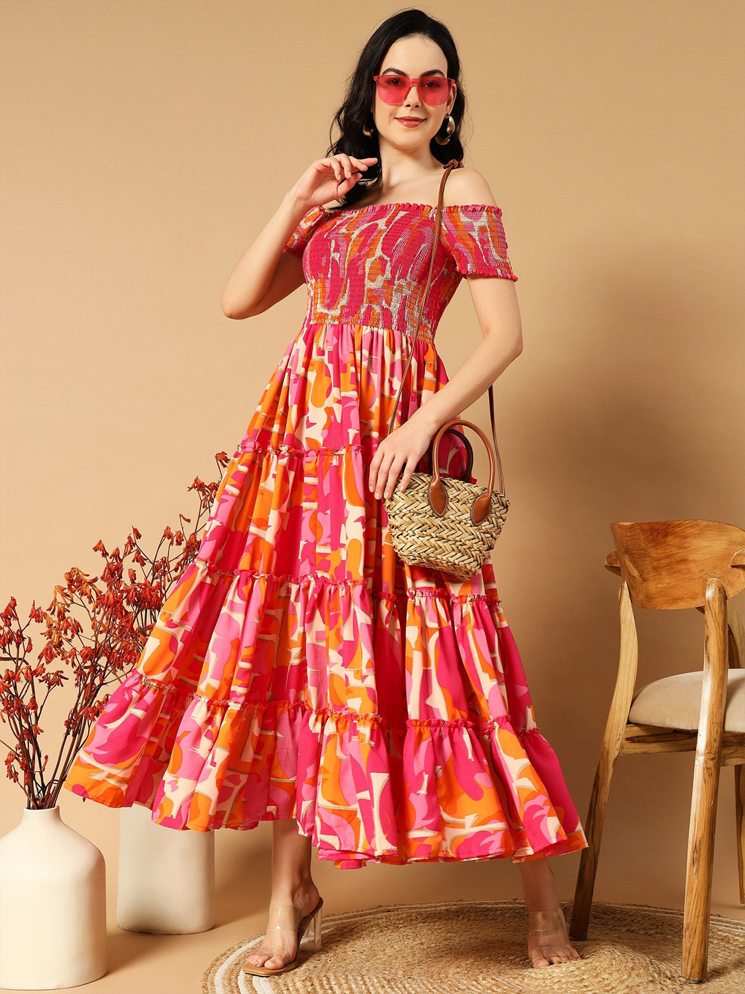 

Femvy Women Floral Printed Off-Shoulder Fit & Flare Maxi Dress, Orange