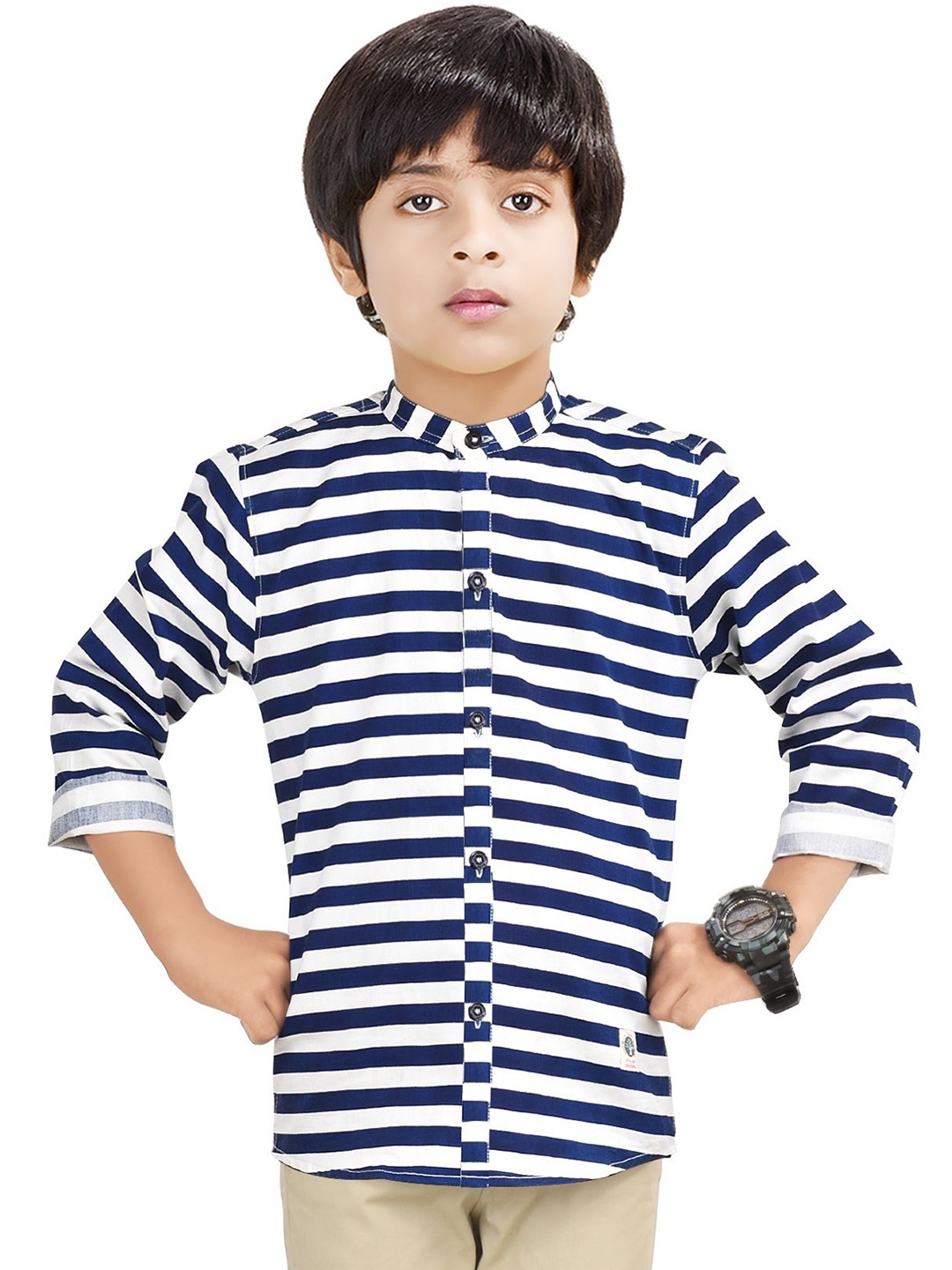 

MADE IN THE SHADE Boys Band Collar Horizontal Striped Cotton Casual Shirt, Navy blue
